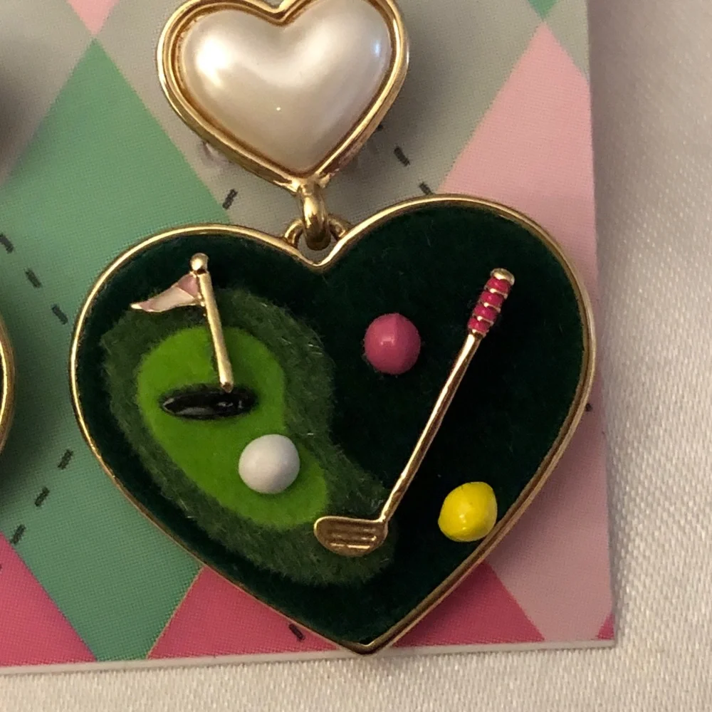 Betsey Johnson Faux Pearl Gold Tone & Green Felt Golf Heart Drop Earrings NWT